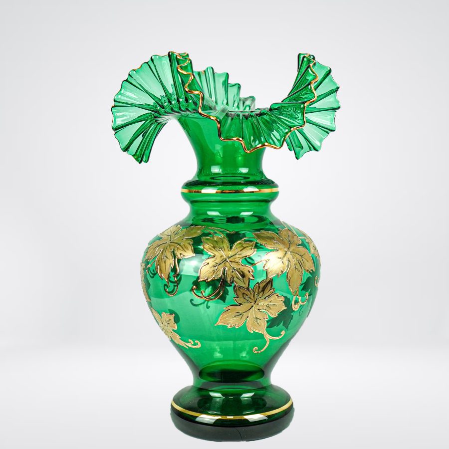 Vintage Green Czech Bohemian Floral Vase
